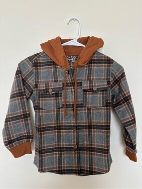 Made by Molly Plaid Hooded Shacket for Kids in Gray & Brown NWOT